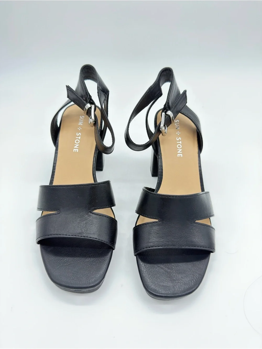 Sun + Stone Black Leather Block Heel Sandals with Ankle Buckle